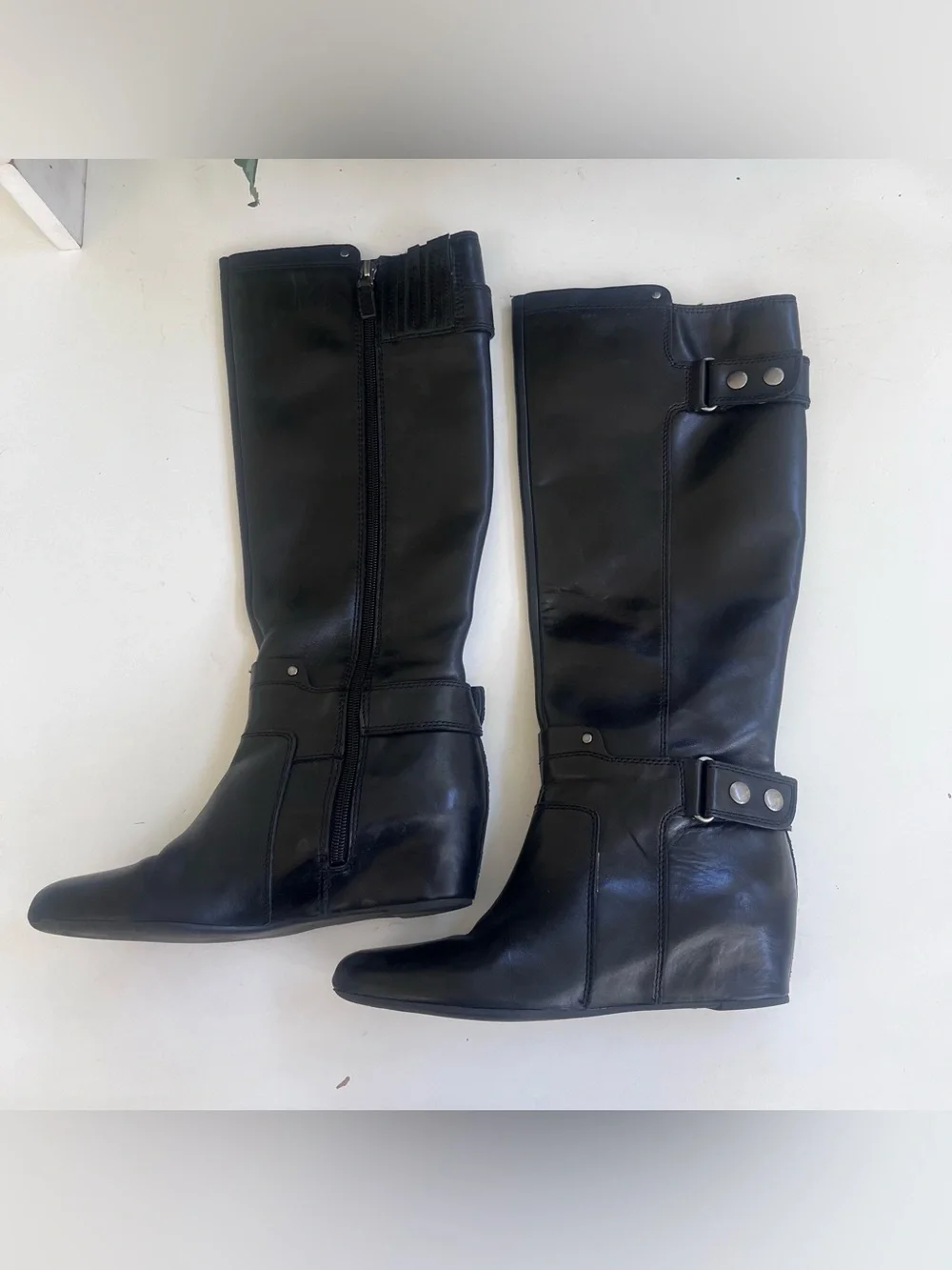Franco Sarto 7.5M Tall Black Boots wedge Almond Toe Buckle Detail Side Zipper